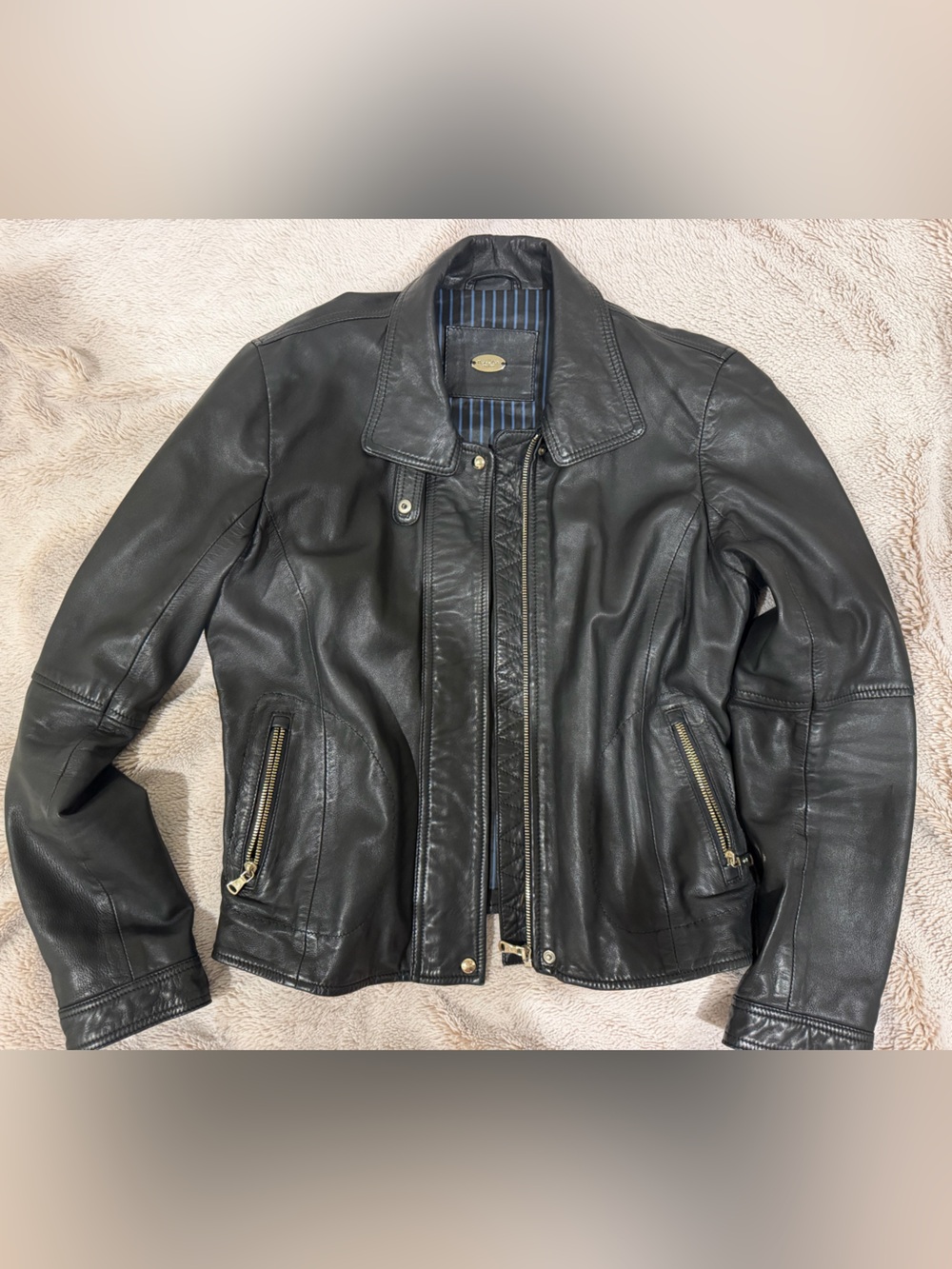 Massimo Dutti Womens Black Leather Zip-Front Jacket